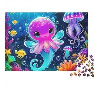 Pieuvre 1000 pièces Puzzle pour Adultes, Mignon bébé Pieuvre Rose avec méduse dans l'océan, épais Robuste Haute qualité Difficile Anti-Stress Jeu Familial Cadeau 70x50cm/1000pcs