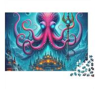 Pieuvre Premium 1000 pièces Puzzle pour Adultes, Roi Pieuvre avec Trident sous Une cité Lumineuse, épais Robuste Haute qualité Vibrant Difficile Anti-Stress Jeu 70x50cm/1000pcs