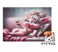 Pig Lady Wine Recycled Board Puzzle: Glam Pig with Wine Glass for Adults and Kids Age 12 Years Great Gift 70x50cm/1000pcs