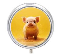 Piggy is Jumping Pilulier rond à 3 compartiments avec miroir - Petit pilulier de voyage mignon - Organisateur de vitamines portable pour le quotidien - Pour poche et sac à main