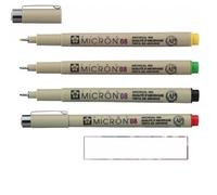PIGMA MICRON Sakura 08 set 4 Couleurs. Rouge, Vert, jaune, Noir et 1 carte.