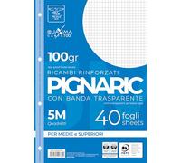 Pigna, Paquet de 40 4 trous, classement, bande latérale renforcée, feuilles à trous renforcées, papier 100 g/m². feuilles A4, 21x29,7, 5M, quadrillé 5 mm.