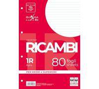 Pigna, Paquet de 80 feuilles perforées à 4 trous pour le classement, format A4, 21x29,7, feuilles perforées sans renfort, 1R, lignées
