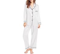 Pijama Femme 2 Pièc Chemise De Nuit Coton Femme Ensemble De Pyjamas à Manches Longues pour Femmes en Soie comme des Pyjamas Pyjama Hiver Noel Nuisette Sexy Pute White L