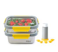 PIKA | Lot de 2 boites alimentaires sous vide en inox + pompe de mise sous vide | 820ml + 1200ml | Micro-ondes, four, congélateur | Légère & hermétique