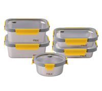 Pika - Lot de 5 boites alimentaires en inox et couvercle en verre trempé - Ronde : 650ml - Rectangle : 2x 820ml + 2x1200ml - Compatible micro-ondes - MetalShock