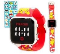 Pikachu Montre pour enfants - Ensemble avec montre numérique LCD Pokémon pour enfants avec sangles avec Pikachu et Pokeballs Plus autocollants | Montre-bracelet Pokémon facile à lire pour garçons