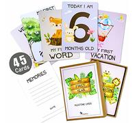 Pikaflor Lot de 45 cartes de bébé Milestone pour garçons et filles (mignons animaux anglais) - Lot de cartes Milestone + boîte cadeau + beau cadeau pour anniversaire, christianisme et baby shower