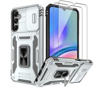 Pilaru Coque pour Samsung A05S Deux Films Anti-Explosion+Anneau Support,Full Protection de la Caméra en PC Dur Anti-Chut Renforcée Armor Heavy Duty Antichoc Bumper Housse Etui，Noir