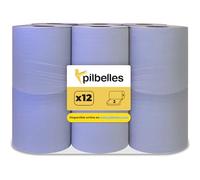 PILBELLES 12 Bobines Dévidage Central Essuie-Tout Bleu | Rouleaux Papier 2 Plis | 100 m/rouleau