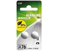 Pile alcaline LR44 A76, sans Mercure, emballée en 2 unités. Dimensions : 11,60 x 5,40 mm. Tension : 1,5 V. Capacité : 110 mAh.