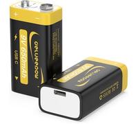 Piles 9v Rechargeable Lithium 650mAh,Pile 9V Lithium Rechargeable USB C 2 PCS avec Câble