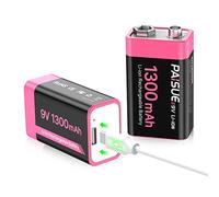 Piles 9V Rechargeables, 1300mAh Haute capacité Lithium-ION 9 Volt Piles carrées avec Port de Charge USB-C Rapide (Pack de 2)