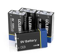 Piles 9V Rechargeables par USB, 1300mAh 9V Lithium Rechargeables Piles Li-ION 9 Volt Longue durée pour détecteurs de fumée, Microphones sans Fil, Lampes de Poche - Lot de 4