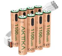 Piles AAA Rechargeables 1100 mWh, Lot de 8, 1,5V Tension Constante Li-ION, Charge Rapide USB-C avec Câble 1-vers-4, 500+ Cycles, pour Télécommandes, Balances et Thermomètres