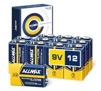 Piles Alcalines Allmax à Puissance maximale de 9 V Block (6LR61) (12 pièces) - Durée de Vie Ultra Longue : 7 Ans, étanche, adaptée aux appareils - Idéale pour détecteurs de fumée et alarmes Incendie.