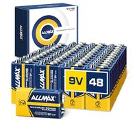 Piles alcalines Allmax à Puissance maximale de 9 V Block (6LR61) (48 pièces) - Durée de Vie Ultra Longue : 7 Ans, étanche, adaptée aux appareils - Idéale pour détecteurs de fumée et alarmes Incendie.