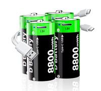 Piles Rechargeable D, 8800mWh Haute Capacité au Lithium D cellules avec 2 en 1 câble de Charge USB-C,1,5V D Taille Cellule de Remplacement de la Batterie pour Lampe de Poche,Appareil Photo (Lot de 4)