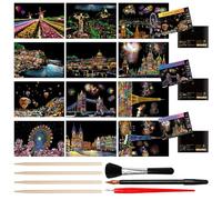 Pilikoll 12Pièces A4 Scratch Paper Scratch Art Kit Magic Rainbow Papier à Gratter avec Outils Scratch Paper Rainbow Painting Sketch pour Gribouiller,Dessiner,Peindre(City Series Night Scene)