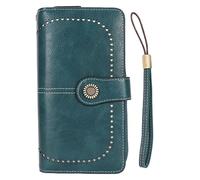 Pilipane RFID Blocking en Cuir Portefeuille Grande capacité Double Bouton Snap Bouton Portefeuille Femme avec Bracelet de Poignet Amovible Matériau PU 19,3 x 11 x 3,7 cm pour Une (Paon Bleu)