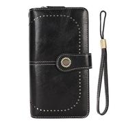 Pilipane RFID Blocking en Cuir Portefeuille Grande capacité Double Bouton Snap Bouton Portefeuille Femme avec Bracelet de Poignet Amovible Matériau PU 19,3 x 11 x 3,7 cm pour Une (Noir)