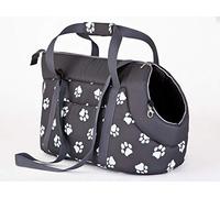 PillowPrim Sac de transport pour chien ou chat, Transport chiens, Tranport chats, cuir écologique/synthétique - Taille M, 25 x 50 x 27 cm - Gris motif pattes de chien