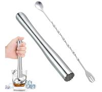 Pilon en Acier Inoxydable avec Cuillère à Cocktail,24.5cm Marteau à Glace Pilée et 26cm Cuillères à Cocktail pour Mojito avec Cuillère à Cocktail Pilon à Glace Utilisé dans Les