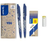 Pilot Pen – Stylo roller FriXion Ball 0,7 mm pointe moyenne bleu – Lot 2 + 6 recharges + gomme