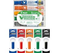 PILOT 30015 V Board Master Marker Bullet Tip 2mm Line Refillable Liquid Ink Base Bright Alcohol Base Pack of 5 (Black, Blue, Red, Green, Orange + Refills)