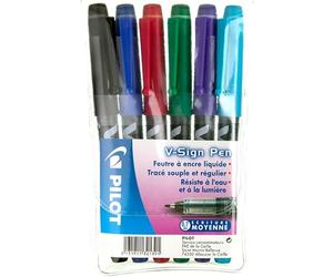 PILOT - 6 V-Sign Pen - Feutre d'Écriture - Couleurs Assorties | Encre Liquide - Tracé Fluide et Précis - Encre Lumineuse, Séchage Immédiat - Noir, Bleu, Rouge, Vert, Violet, Turquoise