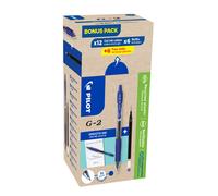 Pilot Eco Pack G2-07, stylo encre gel rétractable, pointe moyenne 0,7 mm, corps bleu transparent avec zone de préhension, encre bleue, 12 stylos + 12 recharges dont 6 offertes