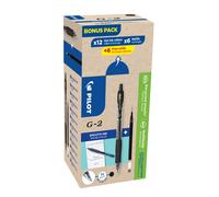 Pilot Eco Pack G2-07, stylo encre gel rétractable, pointe moyenne 0,7 mm, corps noir transparent avec zone de préhension, encre noire, 12 stylos + 12 recharges dont 6 offertes
