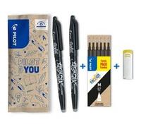 PILOT - FriXion Ball 0.7 - Lot de 2 rollers, 1 étui de 6 recharges et gomme - Pointe moyenne - Noir Noir G