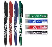 Pilot Frixion Ball 0,7 mm - Set de Stylos à bille effaçables (1 bleu, 1 rouge, 1 noir, 1 vert) + lot de recharges de 3 de chaque (1 bleu, 1 rouge, 1 noir, 1 vert)