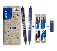 PILOT - FriXion Ball Clicker 0.7 - Lot de 2 rollers, 2 étuis de 3 recharges et gomme - Pointe moyenne - Noir, Bleu Noir, Bleu G
