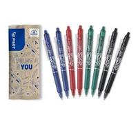 PILOT - 8 Frixion Ball Clicker - Encre Gel Effaçable - Stylo Roller Rechargeable, Rétractable et Ergonomique - 2 Noirs, 2 Bleus , 2 Rouges, 2 Verts - Pointe Moyenne