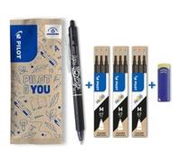 PILOT FriXion Ball Clicker roller effaçable encre gel noire pointe moyenne 0,7 mm pack avec 3 étuis de 3 recharges et gomme Noir G