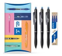 Pilot Frixion Ball Plus Stylo à bille effaçable + recharges, pointe moyenne 0,7 mm, encre de nettoyage thermique pour bureau, école, lot de 3 stylos + 3 recharges, encre bleue