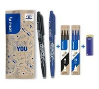 Pilot – Stylo effaçable FriXion Ball – Lot de 2 – 0,7 mm noir/bleu + 2 étuis 3 recharges + gomme