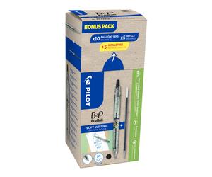 Pilot Greenpack B2P Ecoball - Stylo bille rétractable pointe large 1mm Noir - lot 10 stylos + 10 recharges dont 5 offertes
