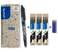 PILOT - FriXion Ball 0.7 - Lot de 1 roller, 9 recharges et gomme - Pointe moyenne - Noir Noir G