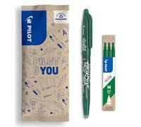 PILOT - Lot de 1 Frixion Ball + 1 set de 3 recharges - Stylo effaçable à encre thermosensible - Stylo roller rechargeable fabriqué à partir de plastique recyclé - Vert - Pointe moyenne