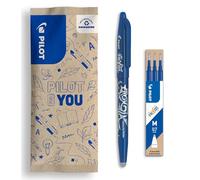 PILOT - Lot de 1 Frixion Ball + 1 set de 3 recharges - Stylo effaçable à encre thermosensible - Stylo roller rechargeable fabriqué à partir de plastique recyclé - Bleu - Pointe moyenne