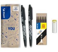 PILOT - Lot de 2 Frixion Ball + 1 set de 6 recharges + 1 gomme - Stylo effaçable à encre thermosensible - Stylo roller rechargeable fabriqué à partir de plastique recyclé - Noir - Pointe moyenne