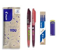 PILOT - Lot de 2 FriXion Ball + 3 Recharges + 1 Gomme OFFERTE - Stylos Effaçables Mignons - Édition Limitée Friends, Stylo d'Amitié - Amour - Rechargeables - Encre Bleue - Pointe Moyenne