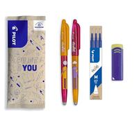 PILOT - Lot de 2 FriXion Ball + 3 Recharges + 1 Gomme OFFERTE - Stylos Effaçables Mignons - Édition Limitée Friends, Stylo d'Amitié - Équipe de rêve -Rechargeables - Encre Bleue - Pointe Moyenne