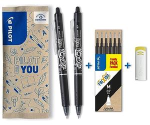 PILOT - Lot de 2 FriXion Ball Clicker + 1 Set de 6 recharges + 1 Gomme - Stylo Rétractable Effaçable à Encre Thermosensible - Stylo Roller Rechargeable et Ergonomique - Noir - Pointe Moyenne