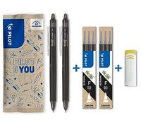 PILOT - Lot de 2 FriXion Point Clicker 0,5 - Stylo Roller effaçable et rétractable - 2 Noirs + 2 Sets de 3 Recharges noires + Gomme - Pointe Fine