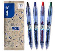 PILOT - Lot de 4 B2P Gel, Roller Rétractable et Rechargeable Fabriqué avec du Plastique de Bouteilles Réutilisé Encre Gel, Réel Confort d'Écriture Begreen Noir, Bleu, Rouge, Vert Pointe Moyenne