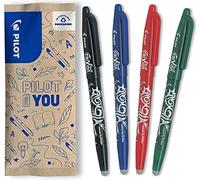 PILOT- Lot de 4 Frixion Ball - Stylo effaçable à encre thermosensible - Stylo roller rechargeable fabriqué à partir de plastique recyclé - 1 Bleu, 1 Noir, 1 Rouge, 1 Vert - Pointe moyenne